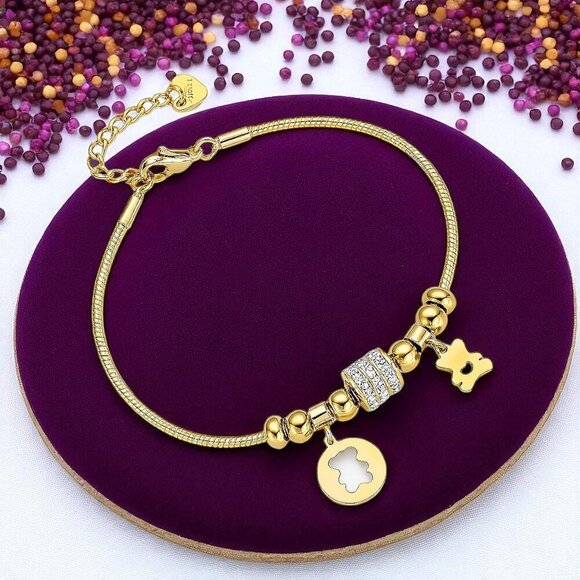 🆕️18K Gold Plated Bear Charm Bracelet with Sparkling Rhinestones & Beads 💫🐻 - Picture 1 of 13